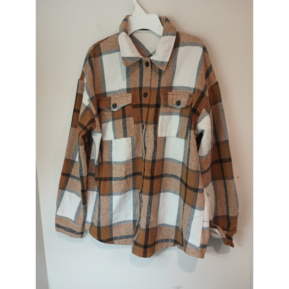 Automet Women's Oversized Plaid Flannel Shacket Brown Tan White Size Medium M